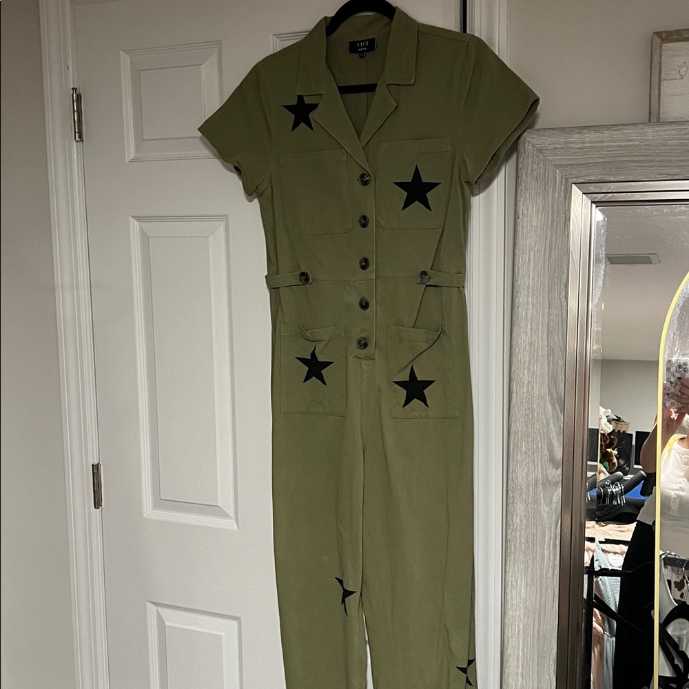 Olive Jumpsuit with Black Star Accents